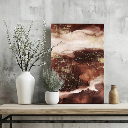 Stunning insigne aluminum prints with swirling maroon, beige, gold abstract art