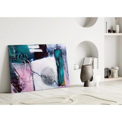 Stunning teal pink silver mesh circle canvas wall art with textured brushstrokes