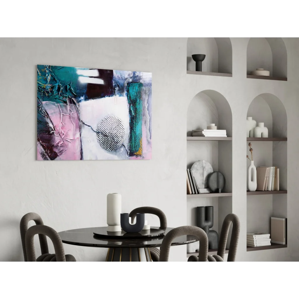 Stunning teal pink silver mesh circle canvas wall art with bold brushstrokes