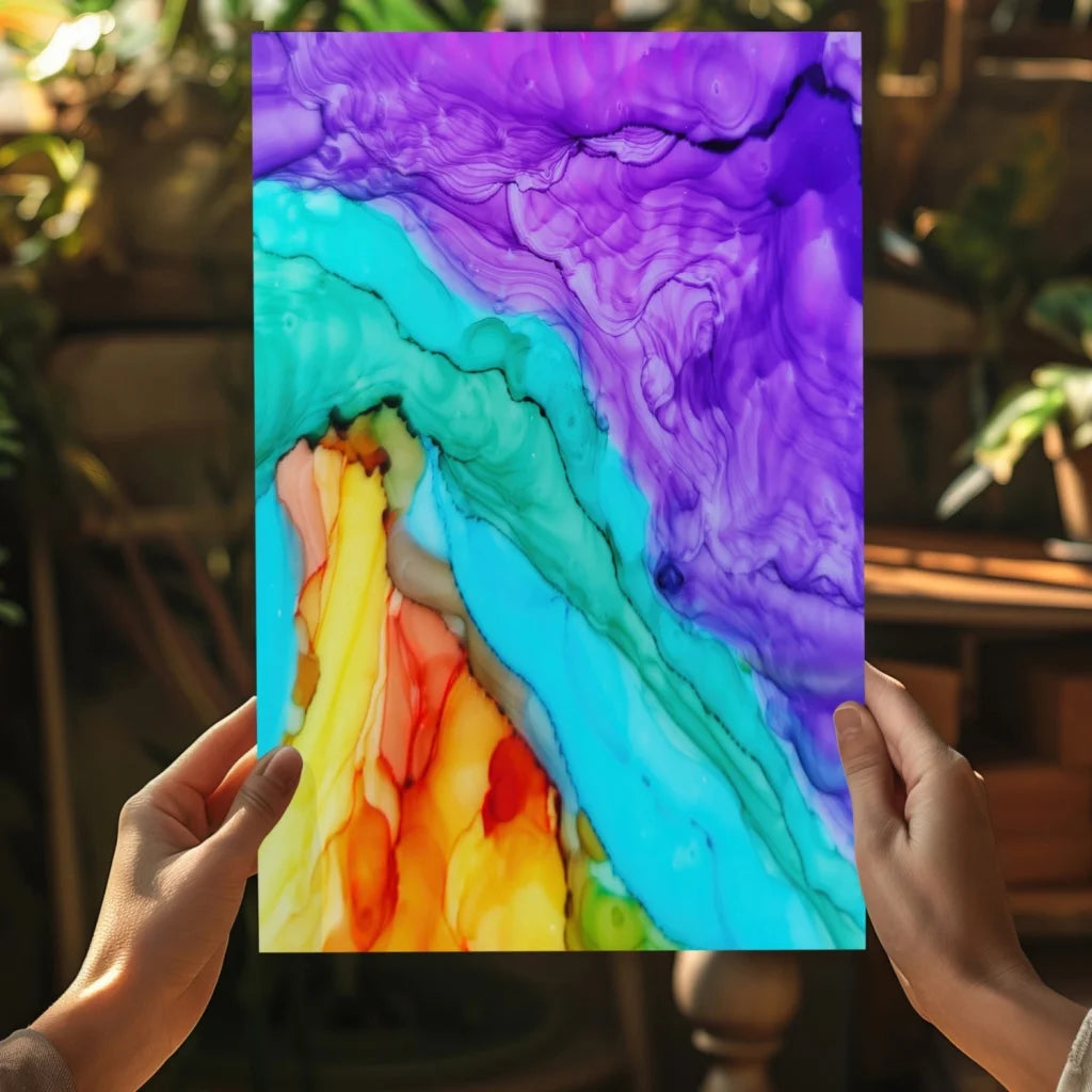 Vibrant swirling gradients in purple, teal, orange on Insigne aluminum print
