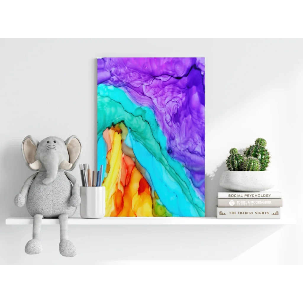 Vibrant swirling purple teal orange abstract on Insigne aluminum print