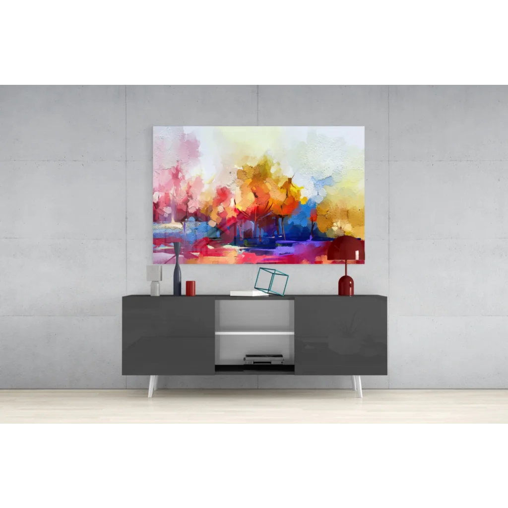 Vibrant abstract glass wall art with bold pink, orange, yellow, blue, purple strokes on white