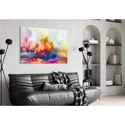 Vibrant abstract glass wall art with swirling pink, orange, yellow, and blue hues