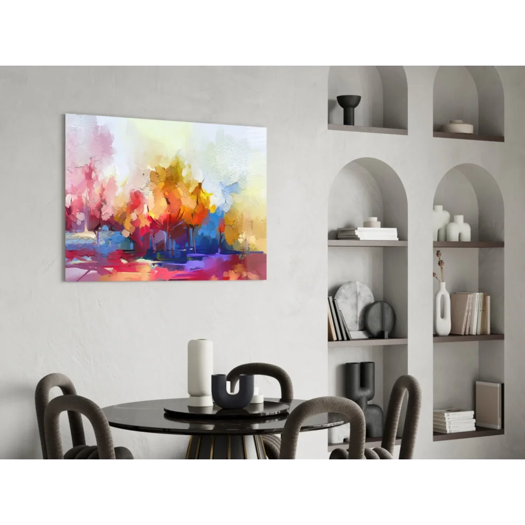 Vibrant abstract glass wall art with bold pink, orange, yellow, and blue strokes