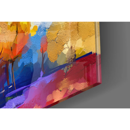 Vibrant glass wall art with bold yellow, orange, blue, purple strokes