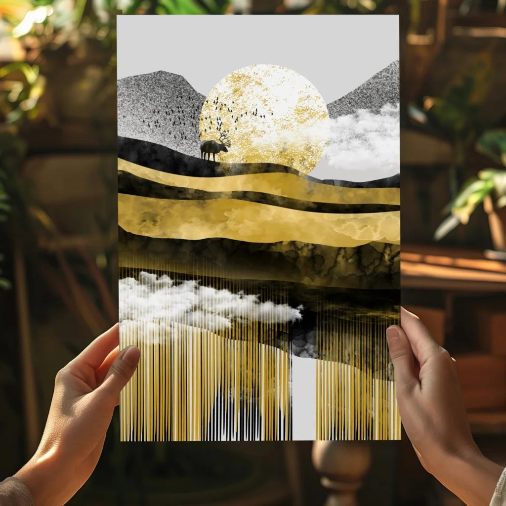 Golden sun abstract landscape on Insigne Aluminum Prints with deer silhouette