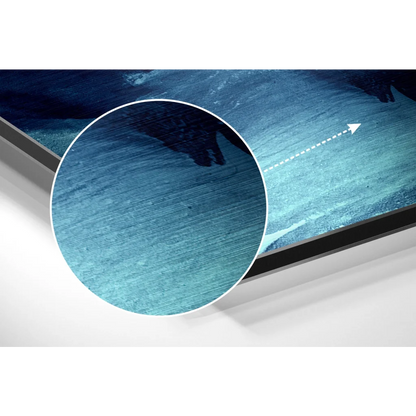 Close-up of textured blue ocean waves on brushed aluminium dibond panel