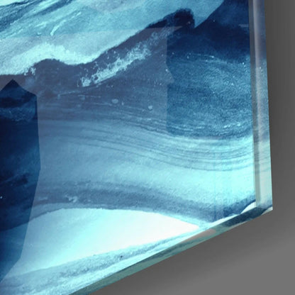 Stunning blue marbled glass wall art panel with flowing waves