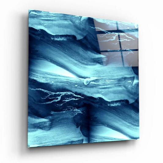 Stunning blue marbled glass wall art panel with flowing waves