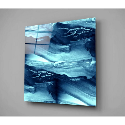Stunning blue marbled glass wall art panel with flowing waves