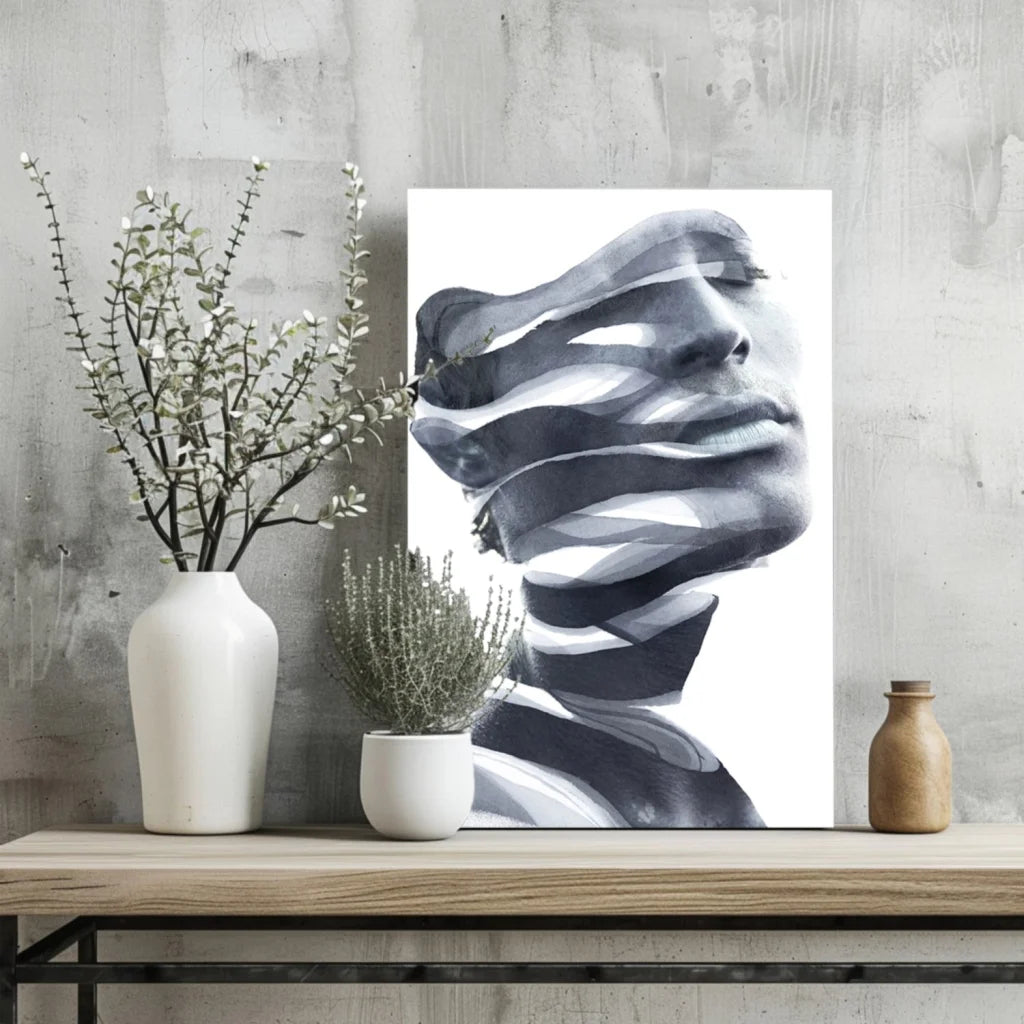 Bold black and white flowing face insigne aluminum print