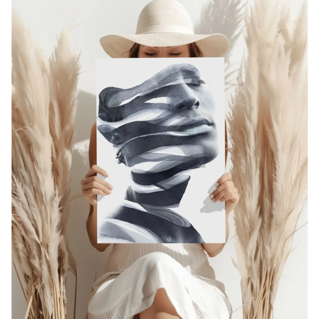 Striking black and white flowing face on insigne aluminum print