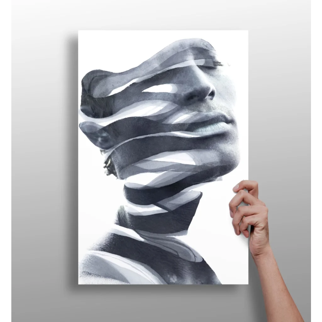 Monochromatic flowing face insigne aluminum print in gray tones