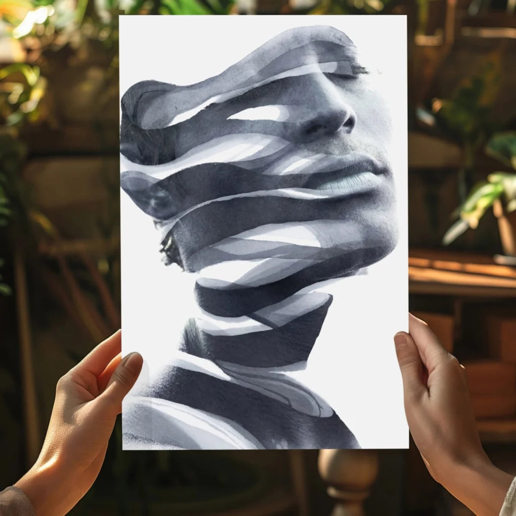 Monochromatic flowing face insigne aluminum print in grayscale