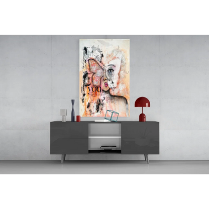 Peach Butterfly Face abstract canvas wall art with stylized face and you text