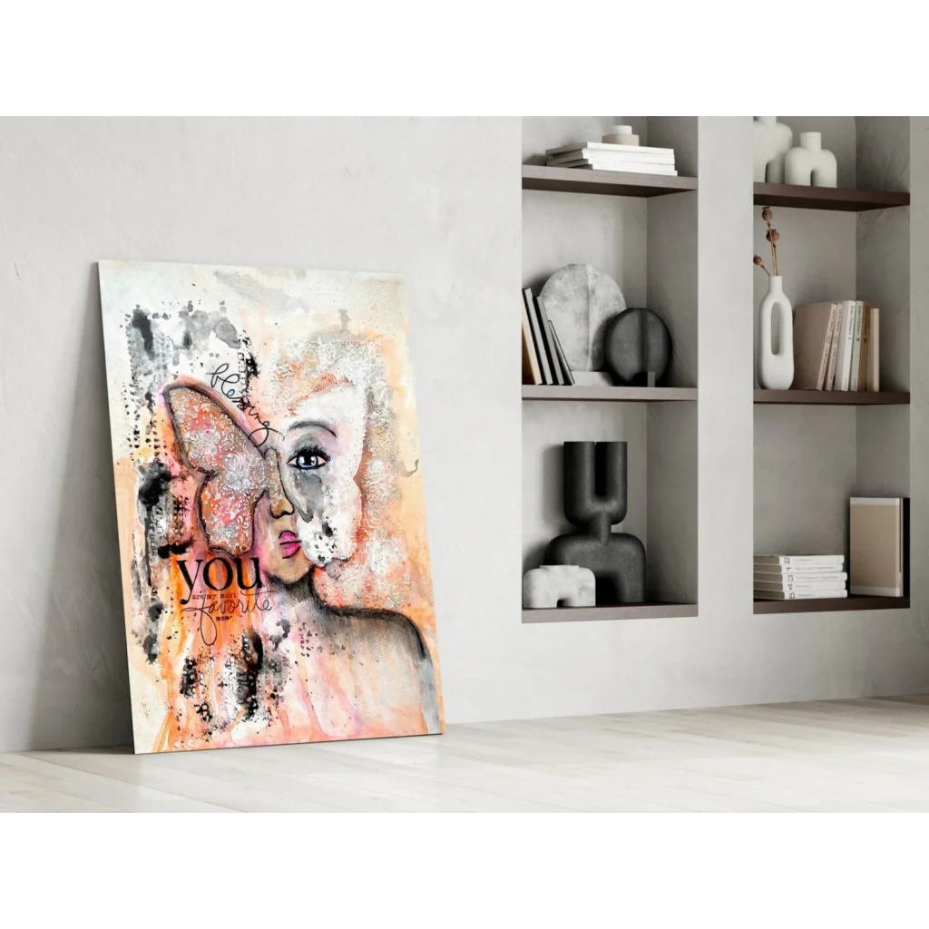 Peach butterfly face abstract canvas wall art with stylized tones