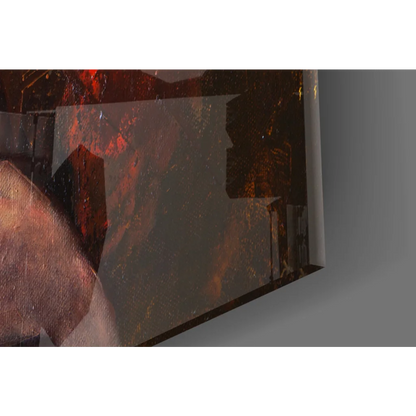 Abstract glass wall art with bold red, orange, and dark gray textured strokes