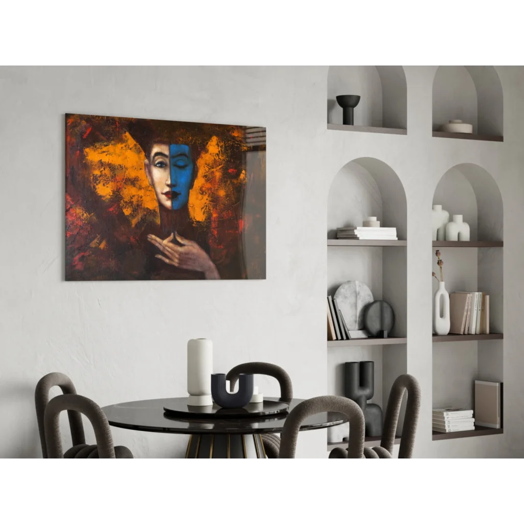 Vibrant abstract glass wall art portrait in orange and blue on white wall