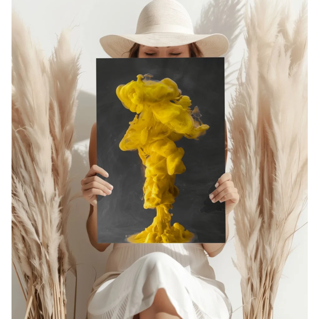 Vibrant yellow ink cloud on dark gray canvas in insigne aluminum prints