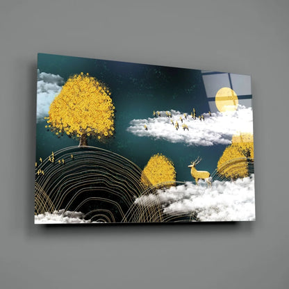 Golden deer forest glass wall art with teal sky and abstract trees