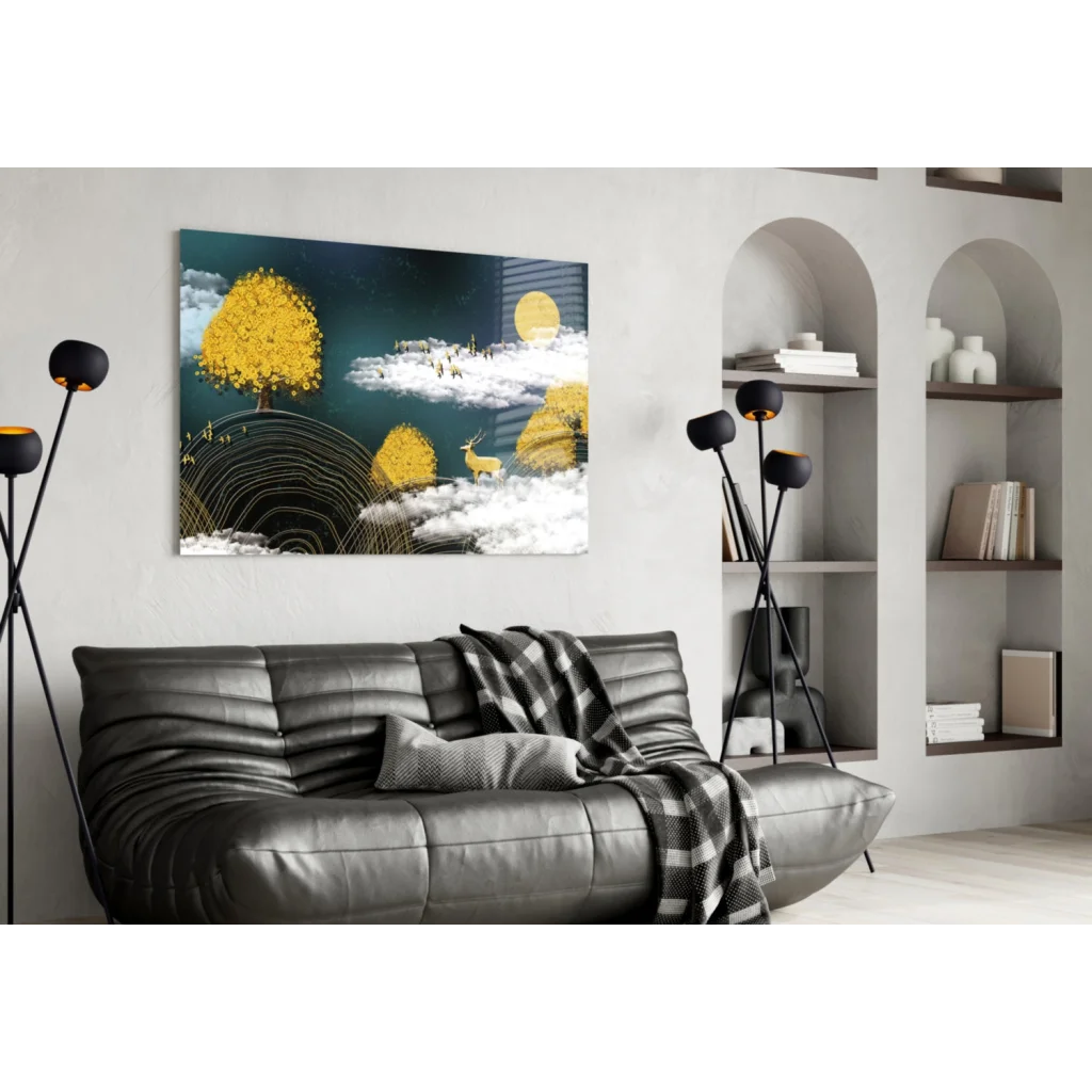 Modern black leather sofa with plaid throw and Golden Deer Forest glass wall art