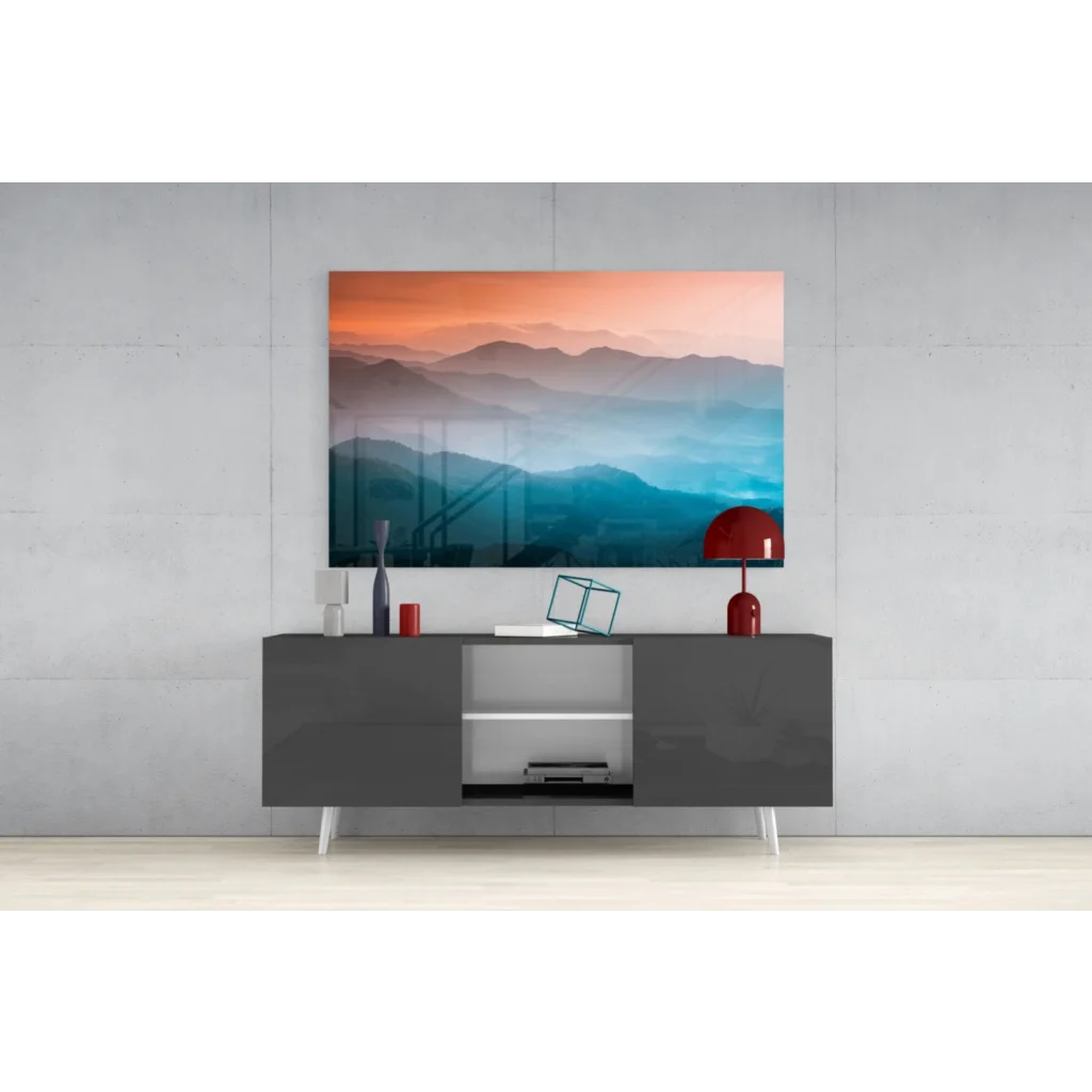 Modern red table lamp with glossy dome shade on Stunning Mountain Sunset glass wall art