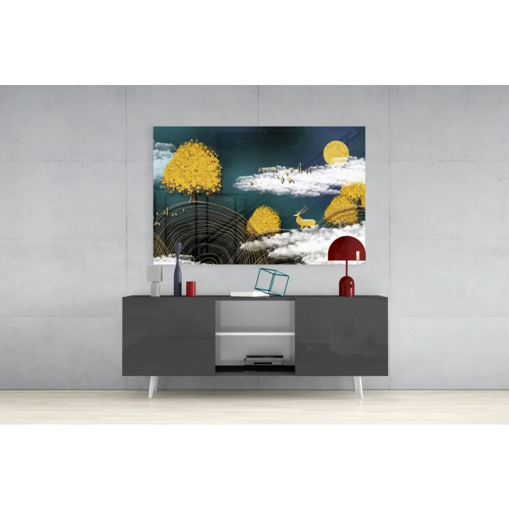 Golden deer forest glass wall art with teal sky and vibrant trees