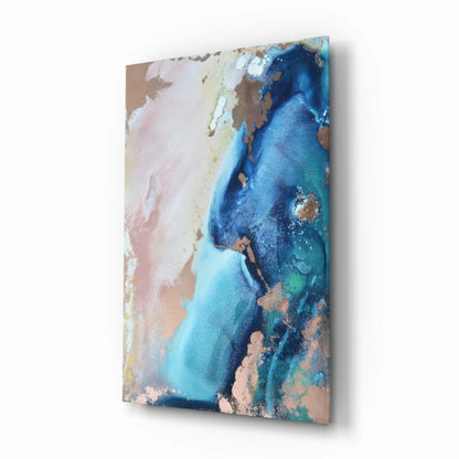 Stunning swirled glass wall art with flowing blues, teals, blush pinks, and gold shimmer