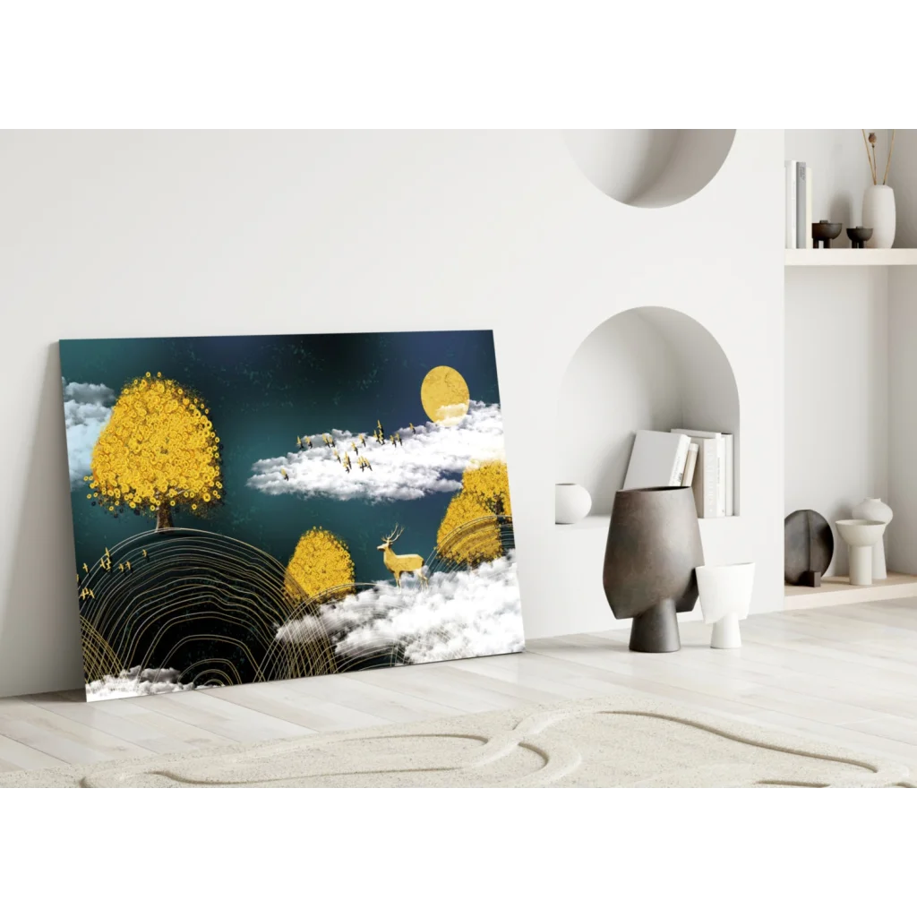 Golden deer forest glass wall art with teal sky and abstract trees