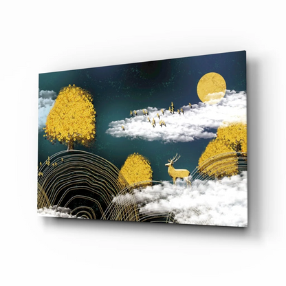 Golden deer forest glass wall art with teal sky and yellow moon