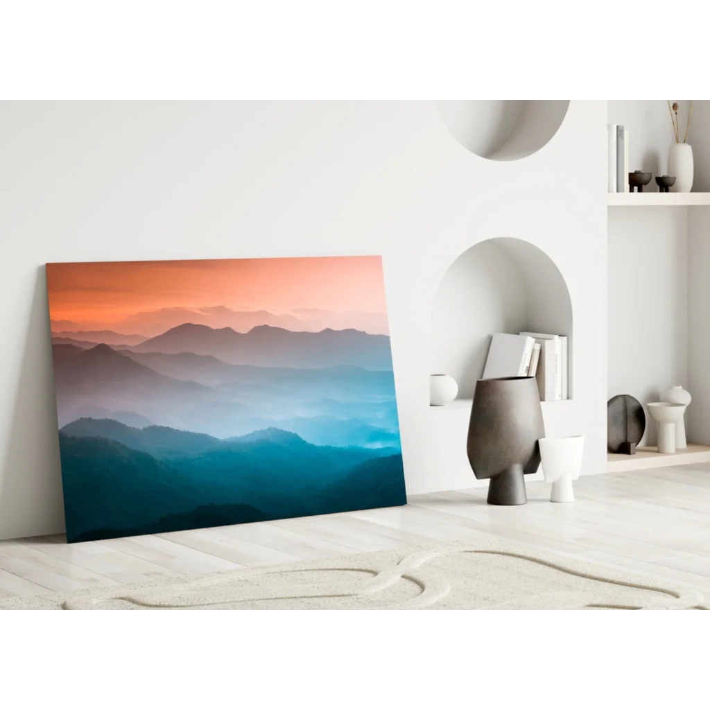 Stunning mountain sunset glass wall art with gradient orange to blue hues