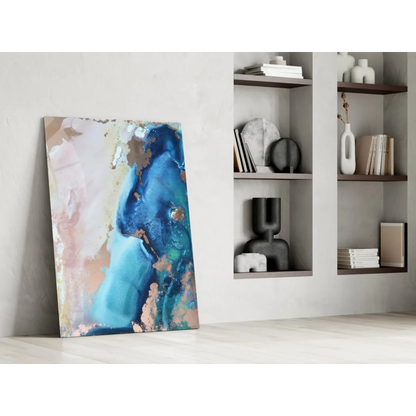 Vibrant swirled glass wall art in blue, pink, copper hues with glossy metallic shimmer