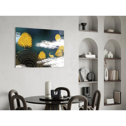 Golden deer forest glass wall art with teal sky and abstract trees