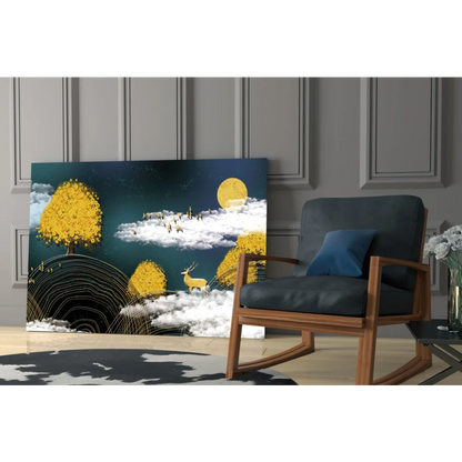 Golden deer forest glass wall art with teal sky and golden trees