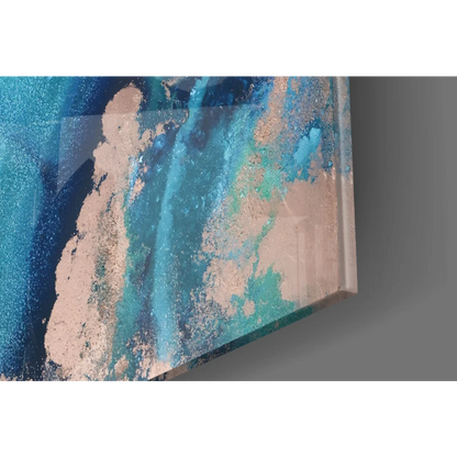 Stunning swirled glass wall art with metallic shimmer, blues, teals, beige resin finish
