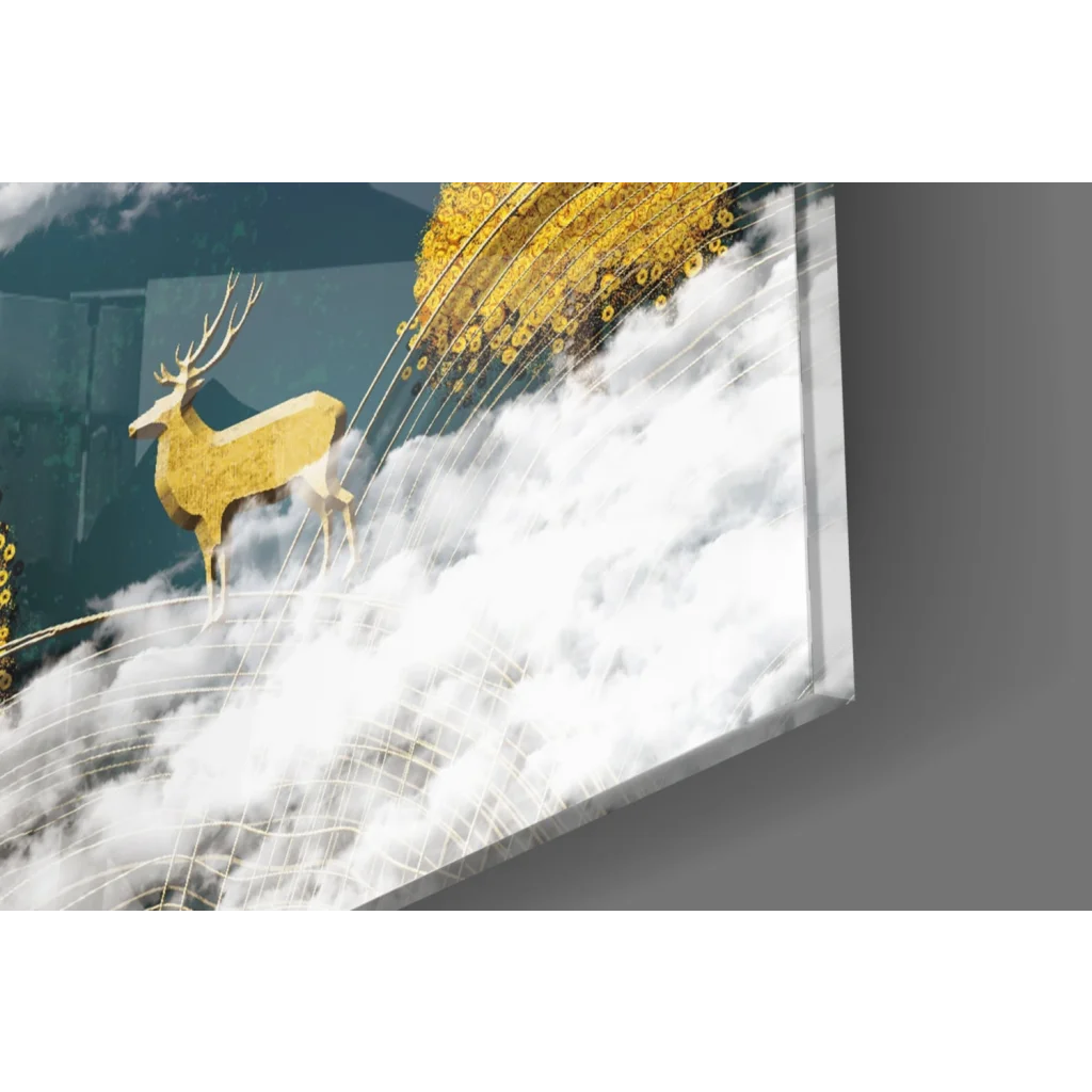 Golden deer glass wall art with intricate details and teal sky