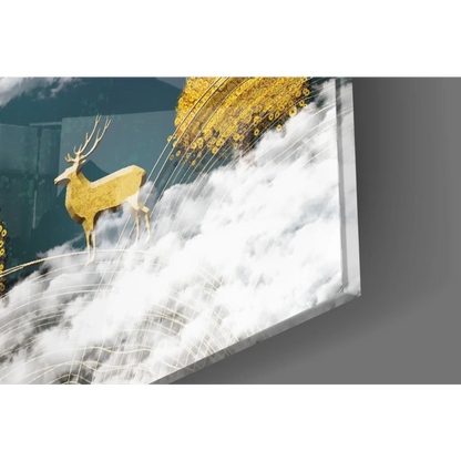 Golden deer glass wall art with intricate details and teal sky