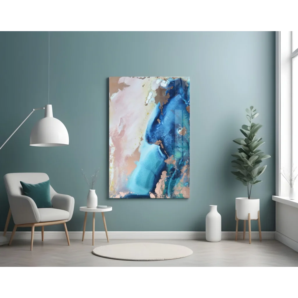 Stunning swirled glass wall art with blue, pink, copper hues and textured shimmer