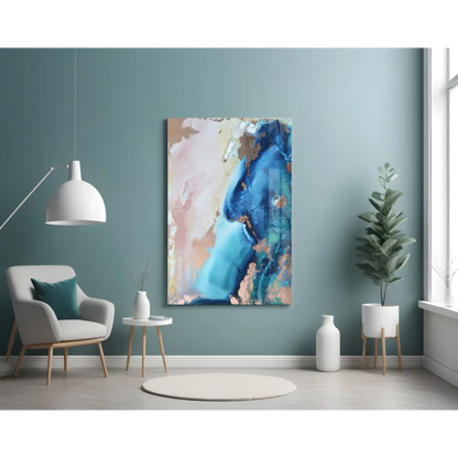 Stunning swirled glass wall art with blue, pink, copper hues and textured shimmer