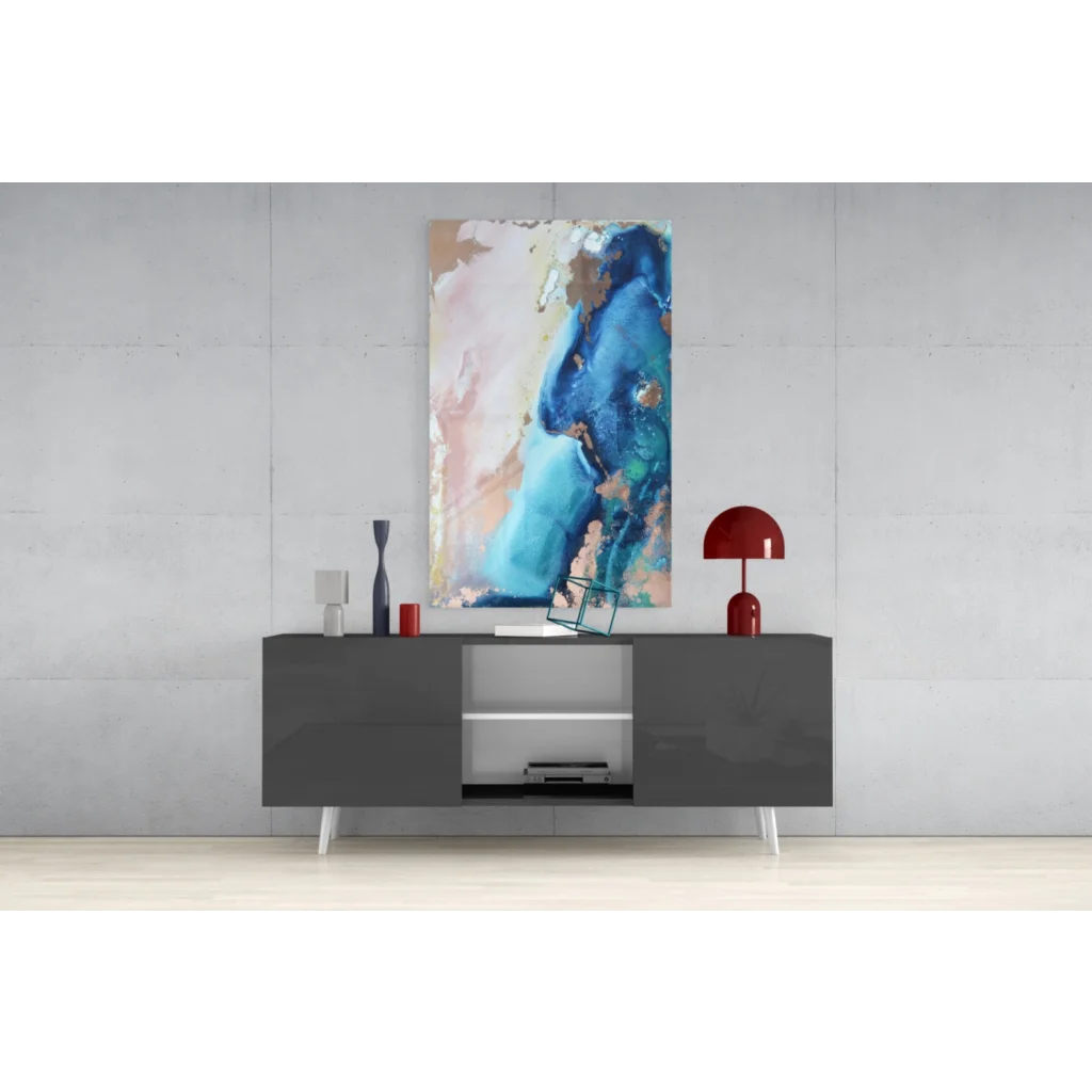Abstract blue teal pink glass wall art with gold shimmer