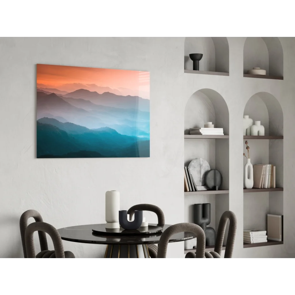 Stunning mountain sunset glass wall art with orange-blue gradient