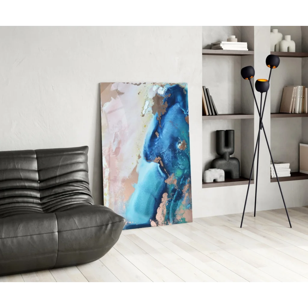 Vibrant swirled glass wall art with blues, pinks, copper shimmer