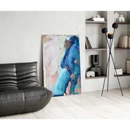 Vibrant swirled glass wall art with blues, pinks, copper shimmer