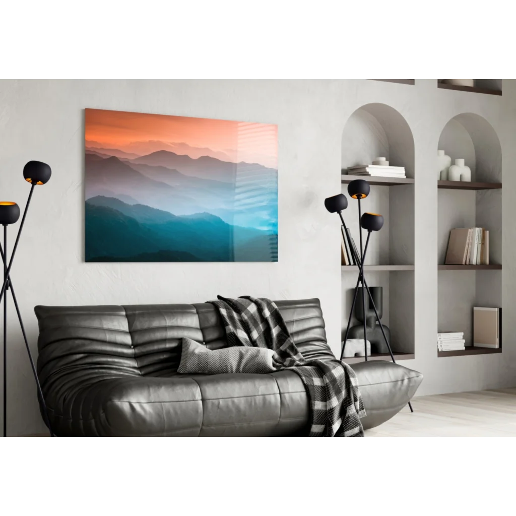 Stunning mountain sunset glass wall art with orange teal blue gradients