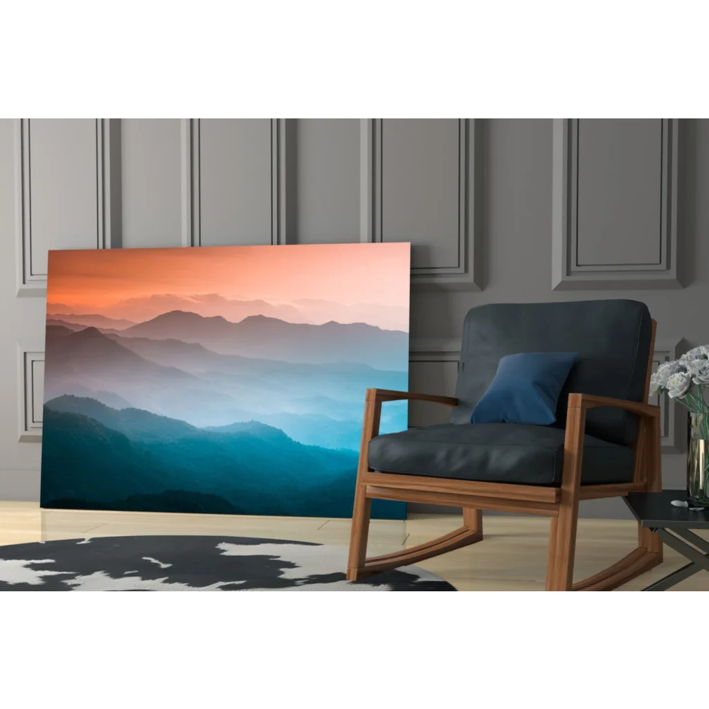 Stunning mountain sunset glass wall art with orange pink teal gradients
