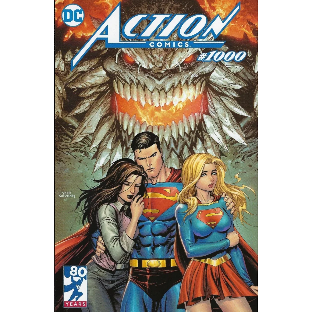 Comic book cover featuring Superman, Supergirl, Lois Lane, and a monster in the background for Action Comics 1000 unknown comic books exclusive