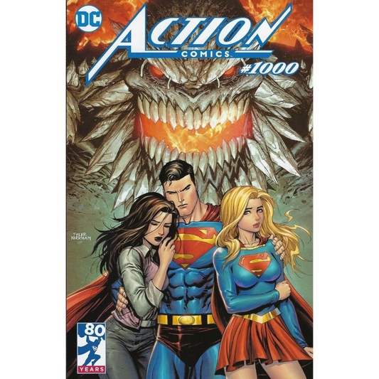 Comic book cover featuring Superman, Supergirl, Lois Lane, and a monster in the background for Action Comics 1000 unknown comic books exclusive
