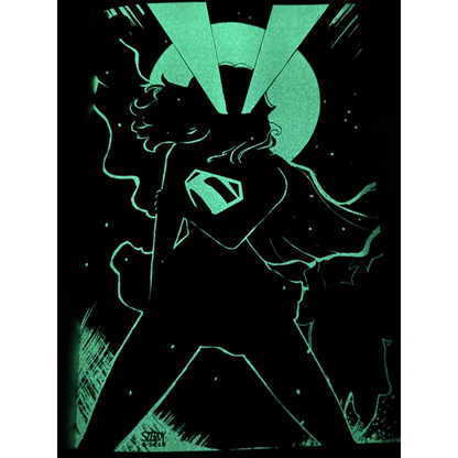 Glowing green Superman silhouette with Nathan Szerdy Action Comics sunburst