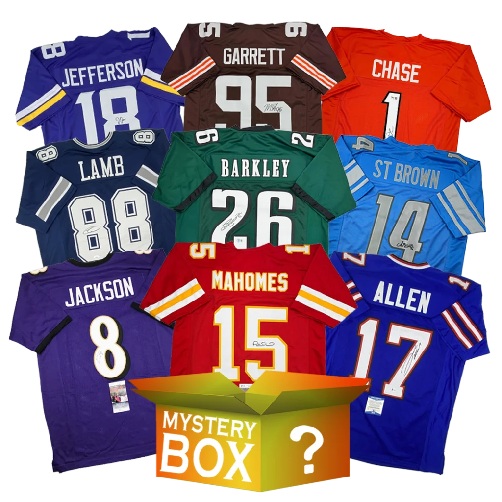 Active Stars mystery box with autographed custom football jerseys and a surprise box