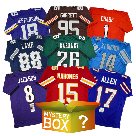Active Stars mystery box with autographed custom football jerseys and a surprise box